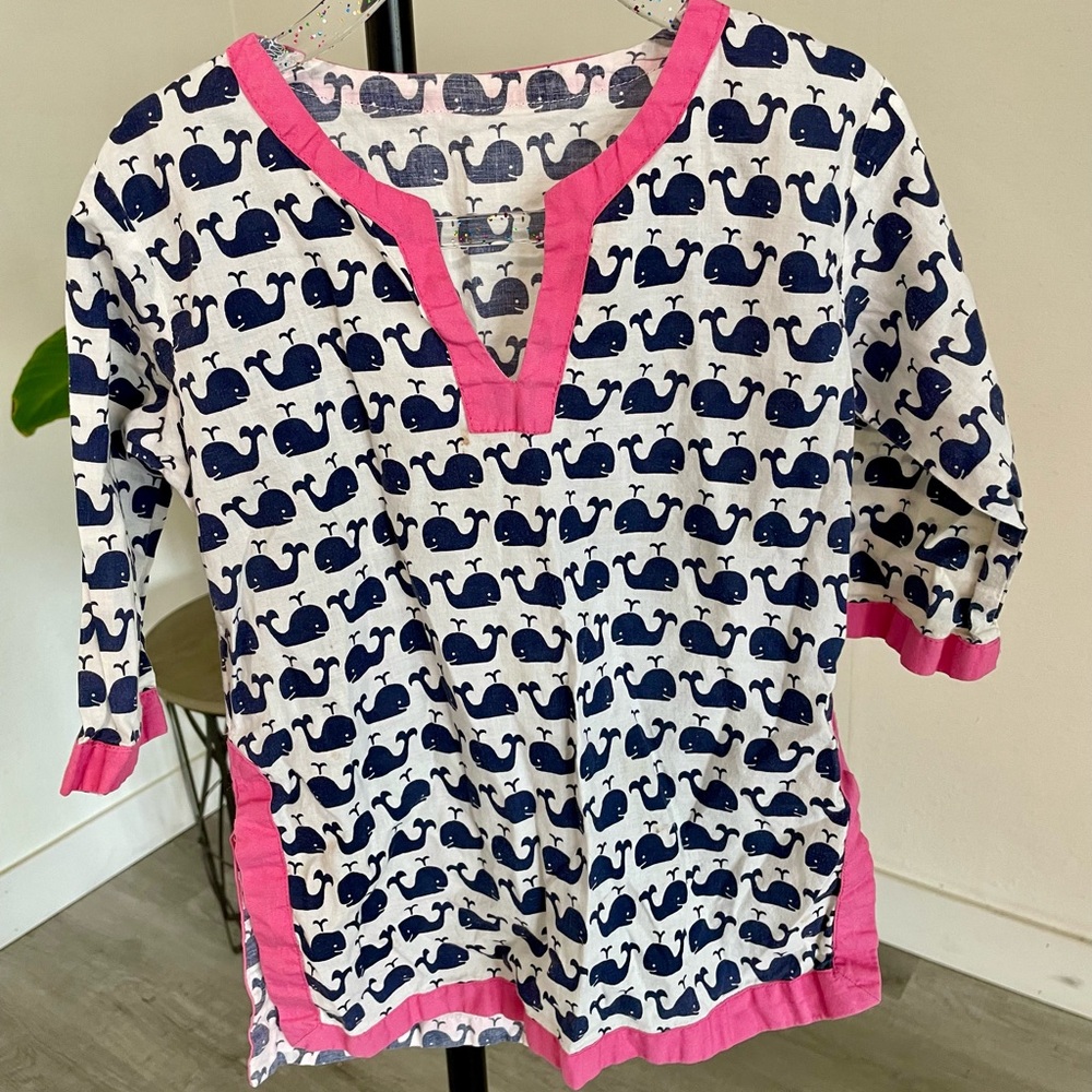 Pottery Barn Kids Whale Print Coverup Shirt with Pink Trim size 2-3y